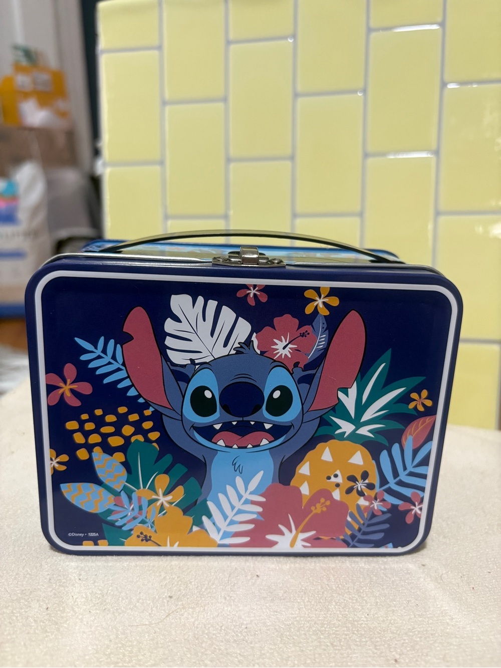 Disney Blue Floral Stitch Tin snack box or trinket